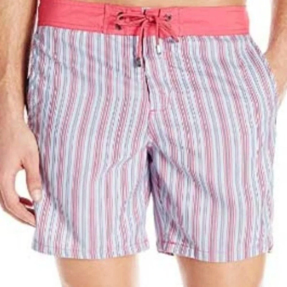 Mr Swim Shorts Mens 36 Pink Blue Pinstripe Drawstring Board Trunks‎ NWT Summer